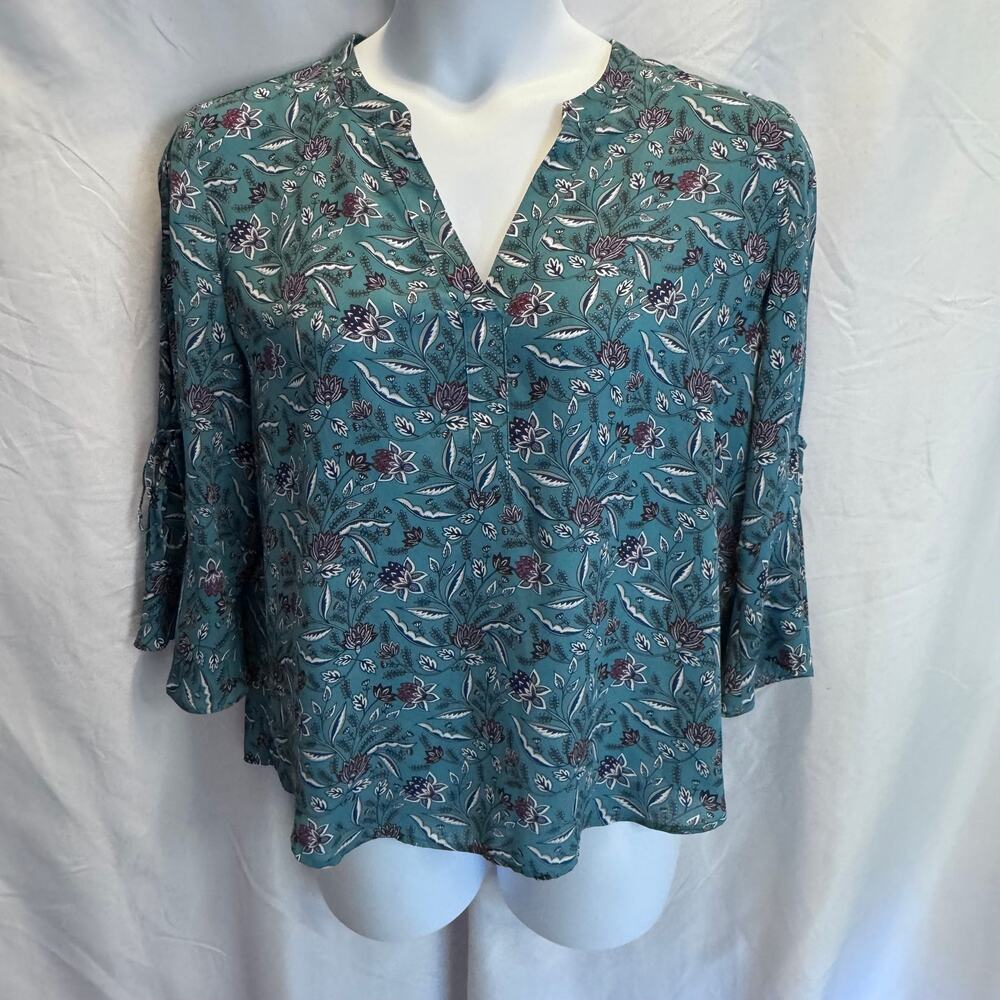41 Hawthorn XL Petite Floral Bell Sleeve Blouse Teal Blue Boho V-Neck Top